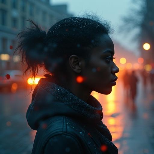 Silhouette close-up of a Nubian girl in a winter city street. Double exposure effect showing emotional atmosphere. Haunting, vibrant dark colors create a mysterious feel.