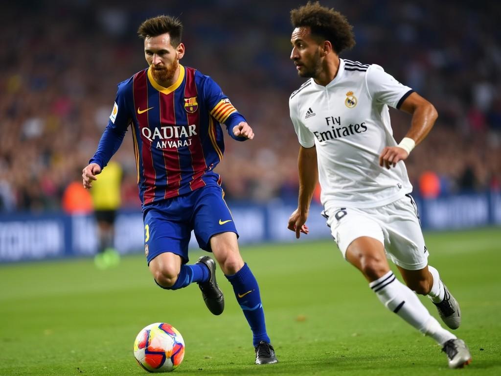 The image captures an intense moment during a La Liga match between Barcelona and Real Madrid. Lionel Messi, in a blue and red Barcelona kit, is seen trying to dribble past a defending player. The defender, dressed in white, is from Real Madrid, showcasing the classic rivalry. The stadium is filled with fans cheering in the background, emphasizing the high stakes of the match. The atmosphere is charged with excitement, highlighting the skill and competitiveness of these two football legends.