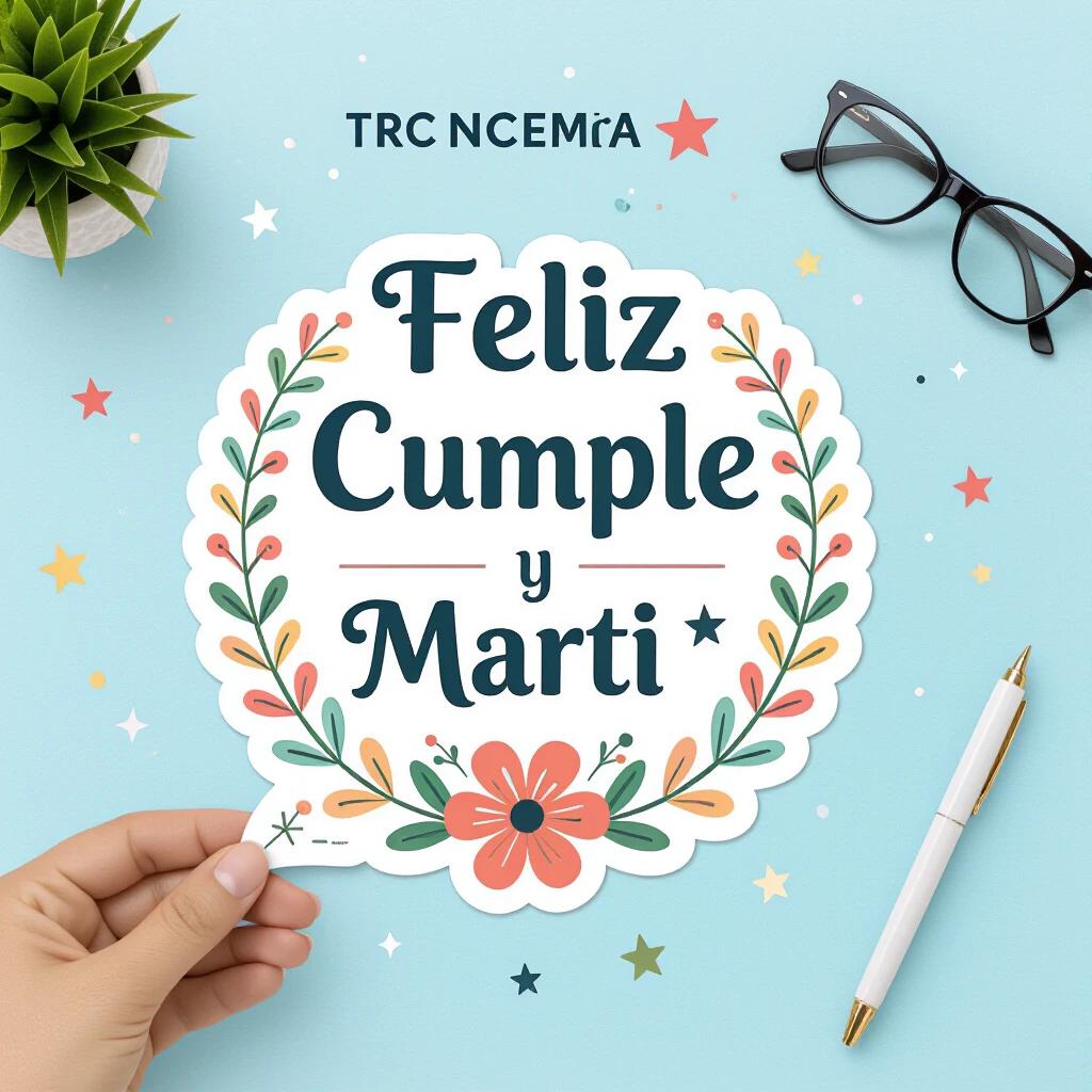 Create a sticker that says 'Feliz Cumple y Marti.' Include a decorative border for cutting. The style should be modern and fun with a gap between the title and name for adding a photo or drawing.