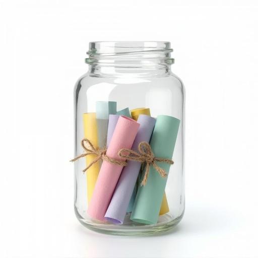 A clear glass jar is open with colorful paper scrolls inside. Scrolls are in pastel colors like mint yellow pink lilac and blue. Each scroll is tied with thin jute string. There is no lid on the jar. The background is transparent for easy overlay.