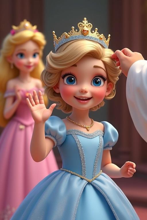 A toddler girl in a sky blue dress is at her coronation. She has short curly dark blonde hair and blue eyes. A bishop is placing a crown on her head. A woman in a pink dress is smiling in the background. The scene is playful and fairy-tale like.