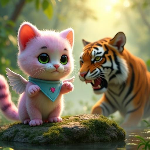 Fluffy anthropomorphic kitten with pastel pink and lavender fur and expressive green eyes on a mossy rock. Wings outstretched. Tiger snarls fiercely nearby. Sunlight filters through jungle trees.