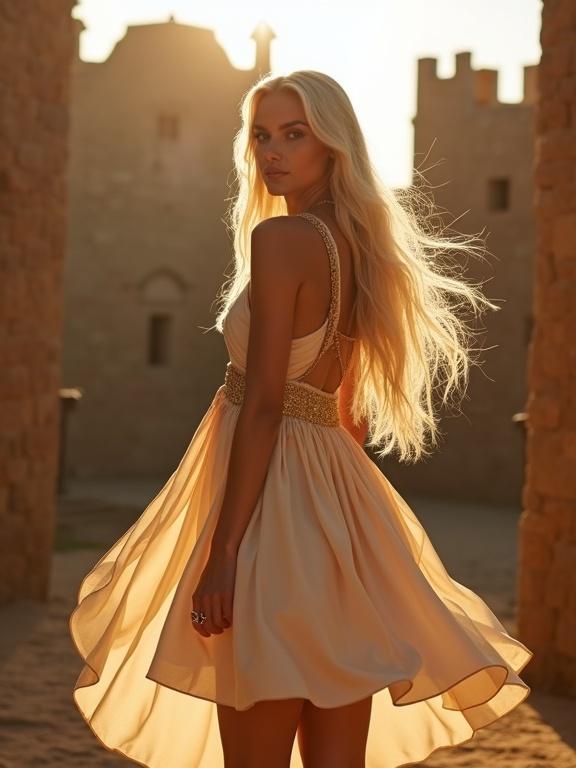 A blonde model with long hair wears a cream-colored silk dress with gold detailing. She stands by the ancient castles of Fasil Ghebbi in Ethiopia. Dawn light creates a golden hue on stone walls. Hair flows down her back and dress sways with the wind. Atmosphere is majestic and cinematic. Vogue-style composition with great detail and dim lighting. Model looks at the camera.