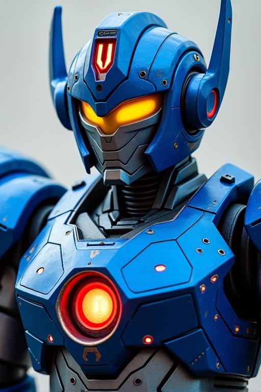 Heroic blue-armored robot. Unique metallic crest shaped like letter U on helmet. Armor detailed with glowing circuits. Features yellow visor and bright red power core. Merges classic robot aesthetics with modern sci-fi style.