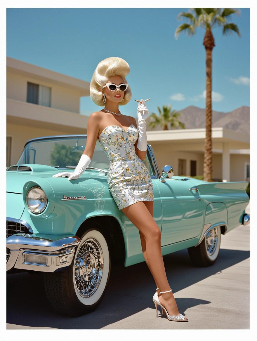 Side view of a woman from the 1960s with a platinum blonde mini beehive hairstyle. She leans against a vintage convertible in front of a Palm Springs hotel. Her silver floral sundress is stylish, with cat-eye sunglasses and white gloves. She's holding a cigarette. The scene captures mid-century sophistication and leisurely enjoyment. Executed in the style of Slim Aarons. The color grading offers vibrant visuals, giving an atmospheric and dramatic feel.