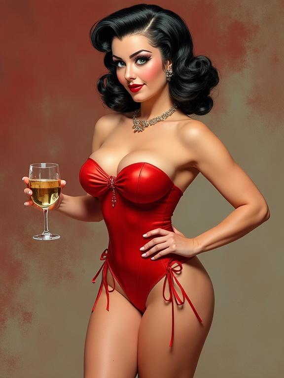 Woman in a red swimsuit holding a champagne glass. Vintage pin-up style with glamour.