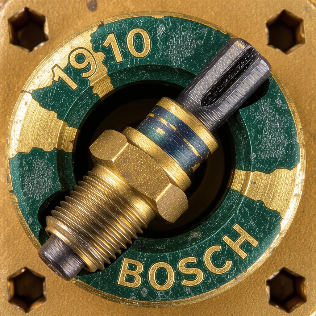 Extreme close-up of a Bosch spark plug manufactured in 1910. Metal body made of brass shows patina and oxidation. Three platinum electrodes exhibit spark erosion. Porcelain insulator has kintsugi cracks. Base hexagon shows deep wrench scars. Stamped logo is partially faded. Positioned on a Romanian publication page. Background features distressed oak workbench with oil stains and calipers. Lighting creates a chiaroscuro effect. Macro lens focus on center electrode. Dust motes and light flare present.