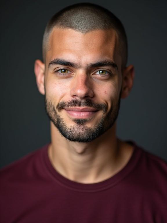 Studio portrait photograph captures a young man with green eyes and a shaved beard. He has a tiny smile and closely shaved head. He wears a deep burgundy t-shirt that complements his complexion.