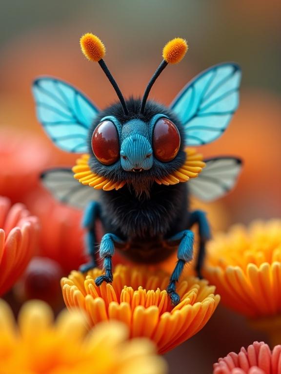 A small fantastical insect-creature with fluffy black fur and hints of blue and white. The creature has large glossy reddish-brown eyes with yellow petal-like collars. It features bright cyan-blue wings with ribbed texture and smaller decorative appendages. Long antennae with orange tips resemble flower stamens. Surrounded by vibrant coral-like flowers in orange, yellow, and red tones, against a softly blurred warm background. Scene evokes fantasy and curiosity.