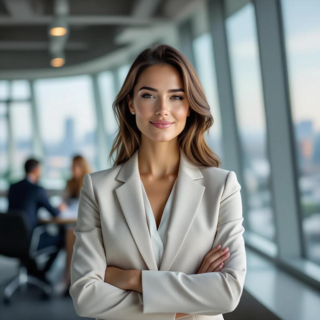 Horizontal image 16:9 of a confident young woman aged 28-32 in an elegant light business suit. She stands in a modern office with large windows. She makes a confident hand gesture. Low angle to convey strength. Blurred figures of people in the background. Contrast enhanced between the subject and background. Top left corner with caption on translucent background in readable font. Subtle sunlight reflections. Style is realistic and cinematic. Ultra HD.