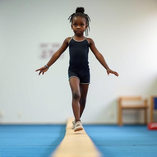 Young girl walking on balance beam. She wears a leotard and gymnastics shorts. Arms extended for balance. Light-colored wooden beam. Bright gymnasium background with exercise mats.
