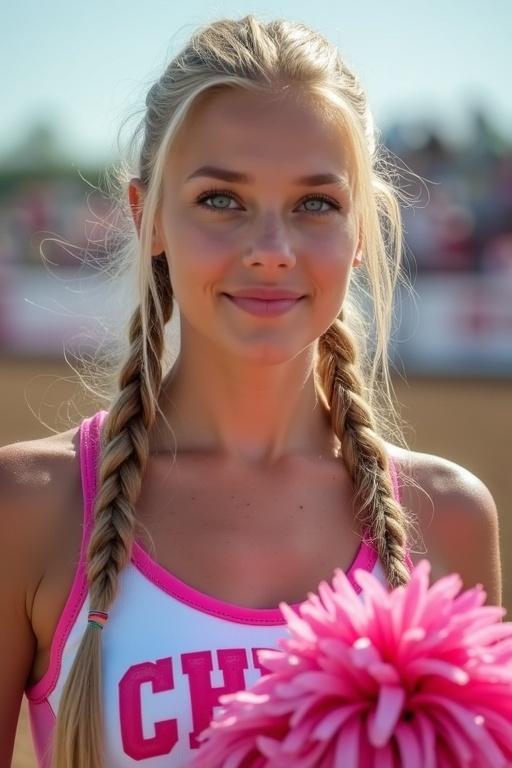 Adult woman with long blonde hair in two side ponytails. Intense blue eyes. Dressed in a pink and white cheerleader uniform. Holding pom poms. Cheering at a rodeo event.