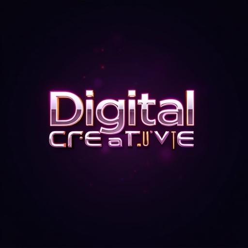 Logo for Digital Creative with high-tech font. Colors are purple gold black white. Sleek futuristic bold glowing letters. Geometric elements with gradients. Metallic logo pulsing with light. Polished chrome edge reflects creativity.