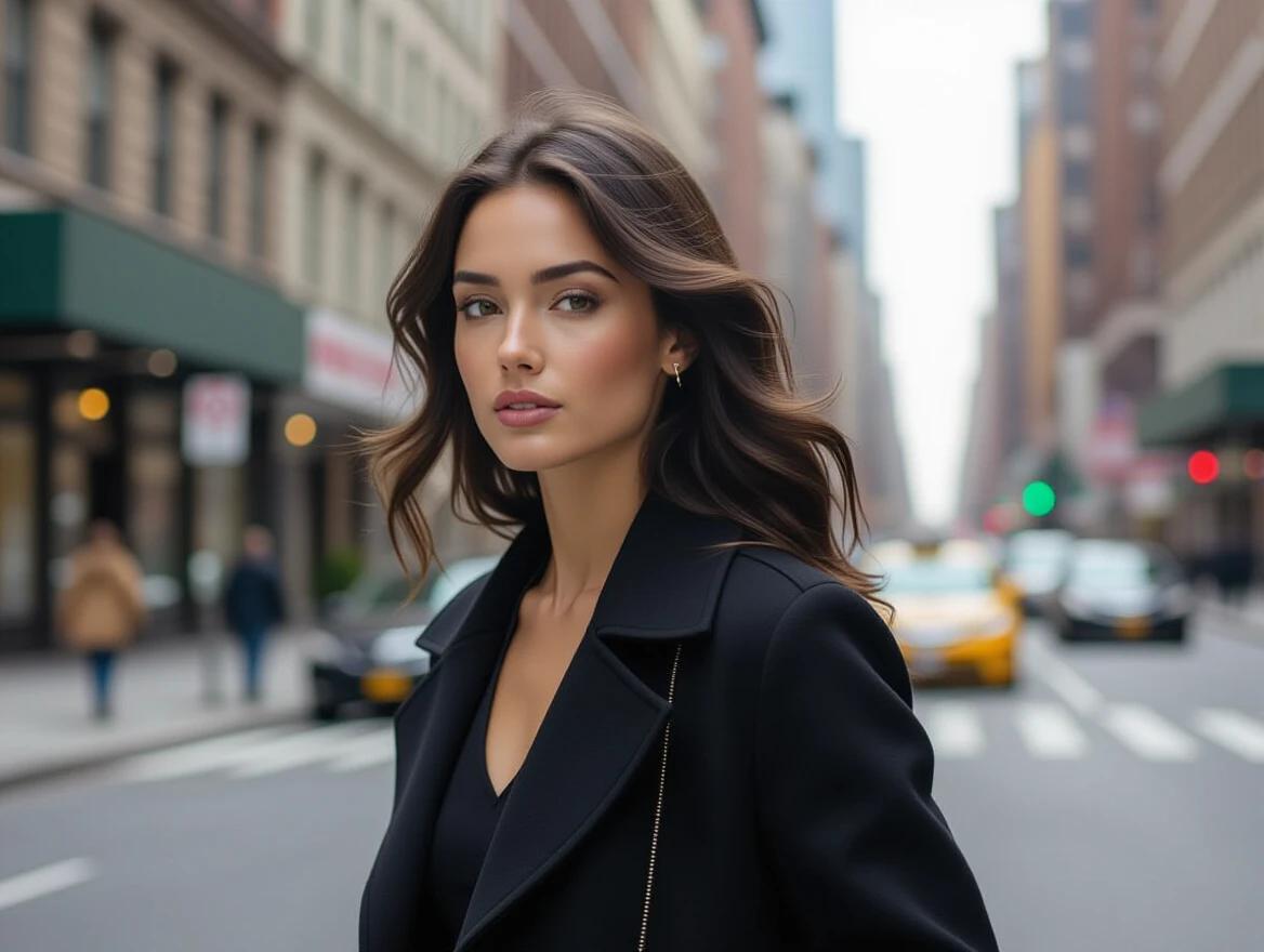 A woman with thick waved hair wears a black coat. She appears to be running in a New York street setting. The background shows urban buildings and cars. The scene captures a dynamic city life in a photorealistic style.