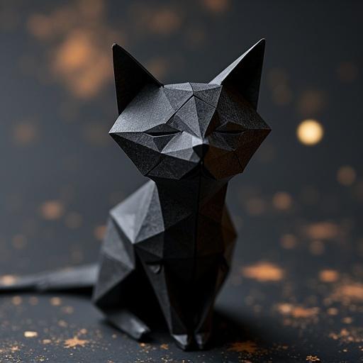 Black cat designed in origami style. Set against a dark background with sparkles. Polygons and geometric shapes create a unique design. Focus on the cat’s structure.