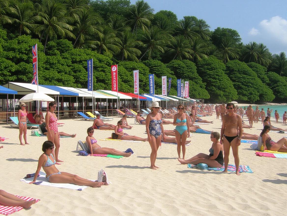 Group of people sunbathing on a beach. Many are wearing swimsuits. Palm trees are in the background. Beach umbrellas dot the sand.