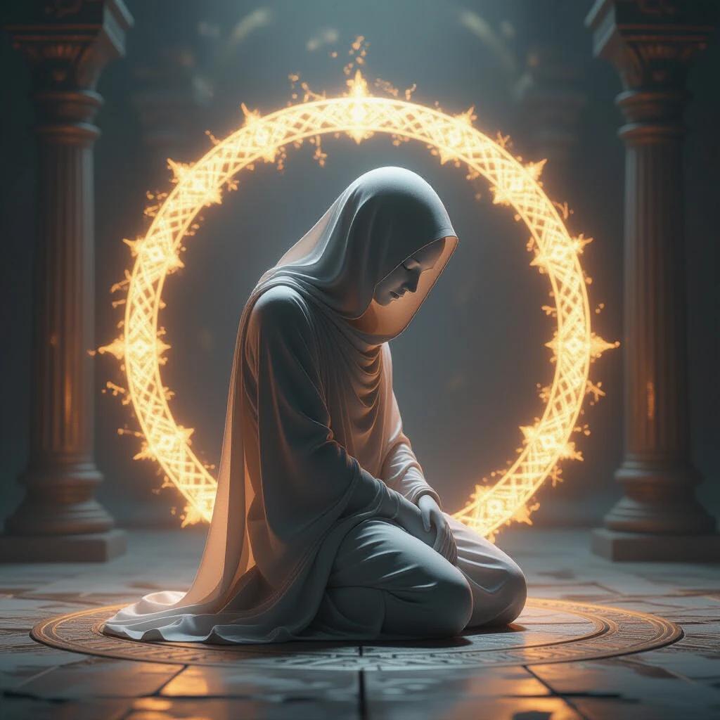 A three-dimensional ethereal spirit kneels with head bowed in a fetal position. The spirit is encased within a luminous and ancient circle. The background features an ancient esoteric page with intricate details. The image captures hyper-realistic elements with bright lighting to emphasize the spiritual ambiance.