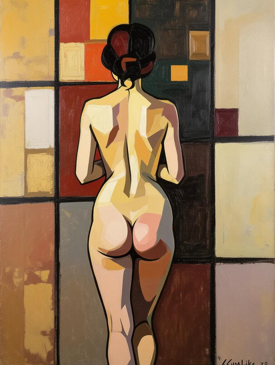 Nude model posed from behind. Abstract oil painting with vibrant background. Style inspired by Klimt. Erratic background elements complement the figure.