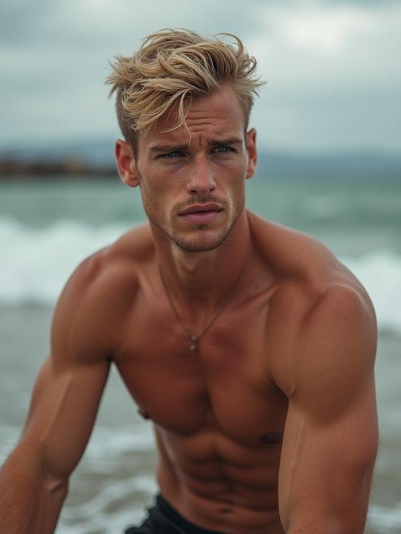 A Norwegian man with blonde hair and a well-defined physique. He is outdoors by the sea. Water waves are in the background.