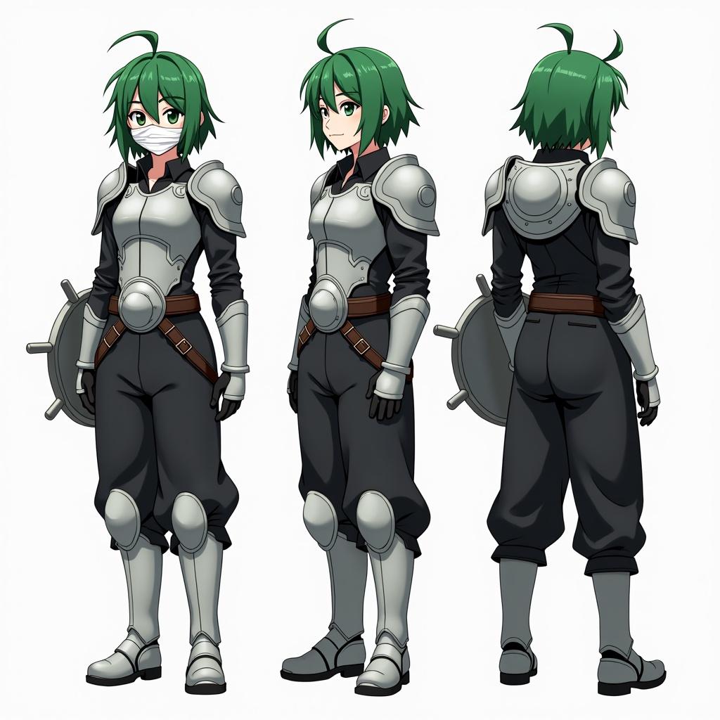 Anime mercenary character designed in three views. Green hair with curtain bangs. White bandaged face mask on the character. Metal shoulder pads and chestplate over the black shirt. Metal gauntlets and shin pads. Baggy black pants with a large belt and silver buckle. Silver shield attached to the belt.