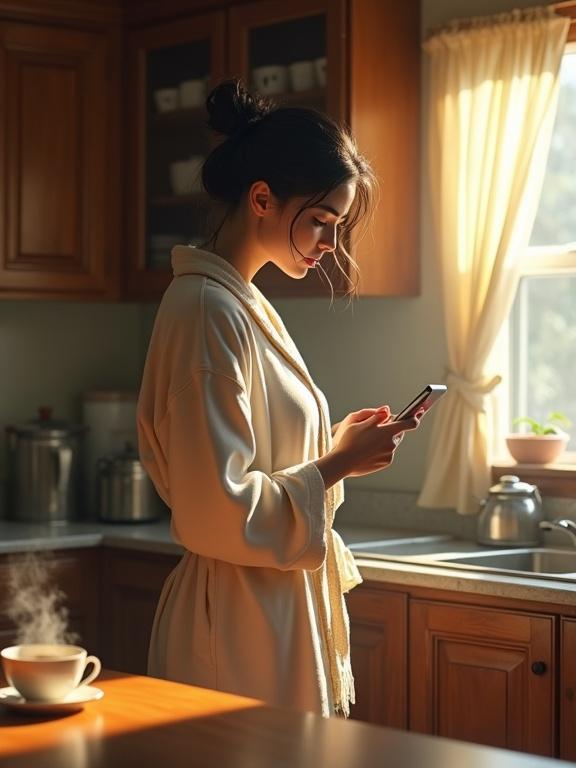 Woman with dark hair in a loose bun stands in a vintage kitchen. She wears a robe with it falling off one shoulder. She uses a smartphone with a pensive expression. Natural light streams through the window highlighting her figure. The kitchen features wooden cabinets and a wooden table. A steaming cup of tea is in the foreground. Warm earthy tones create a cozy atmosphere. Her pose is relaxed yet attentive.