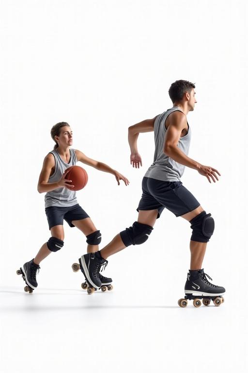 Image shows two young male athletes. One is skating while passing a basketball. The scene captures energy and action related to multiple roller sports. Isolated white background highlights the athletes in motion. The image combines elements of Rollball, Roller basket, Football skate, and Roller dodge.