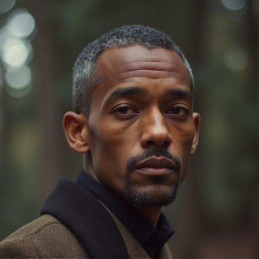 Close-up portrait of a man with gray hair wearing a dark coat in a forest setting.