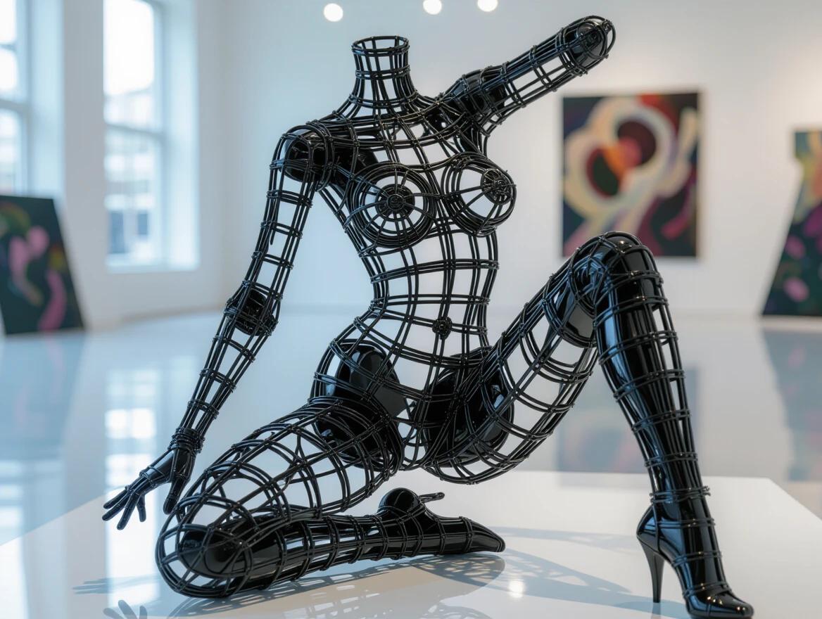 3D sculpture made of wire mesh. Figure posed dynamically with arms tied. Suggests erotic position. Ethereal quality with reflections on metallic surface. Background shows blurred art gallery. Strong highlights and shadows showcase contours. Wires appear loose and spontaneously assembled.