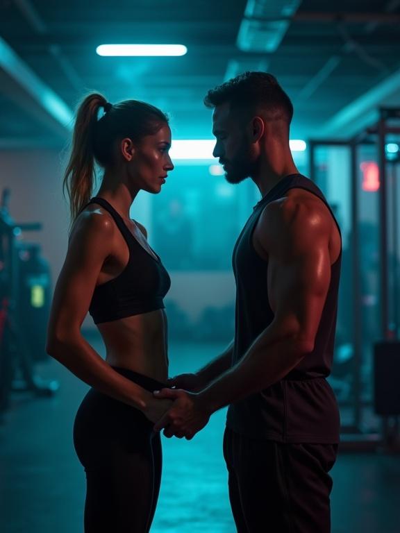 Moody gym interior with neon lights at night. Toned woman in tight workout clothes stands facing a strong man in a sleeveless shirt. Their hands are almost touching with intense eye contact. Background features blurred gym equipment and a hint of steam in the air.