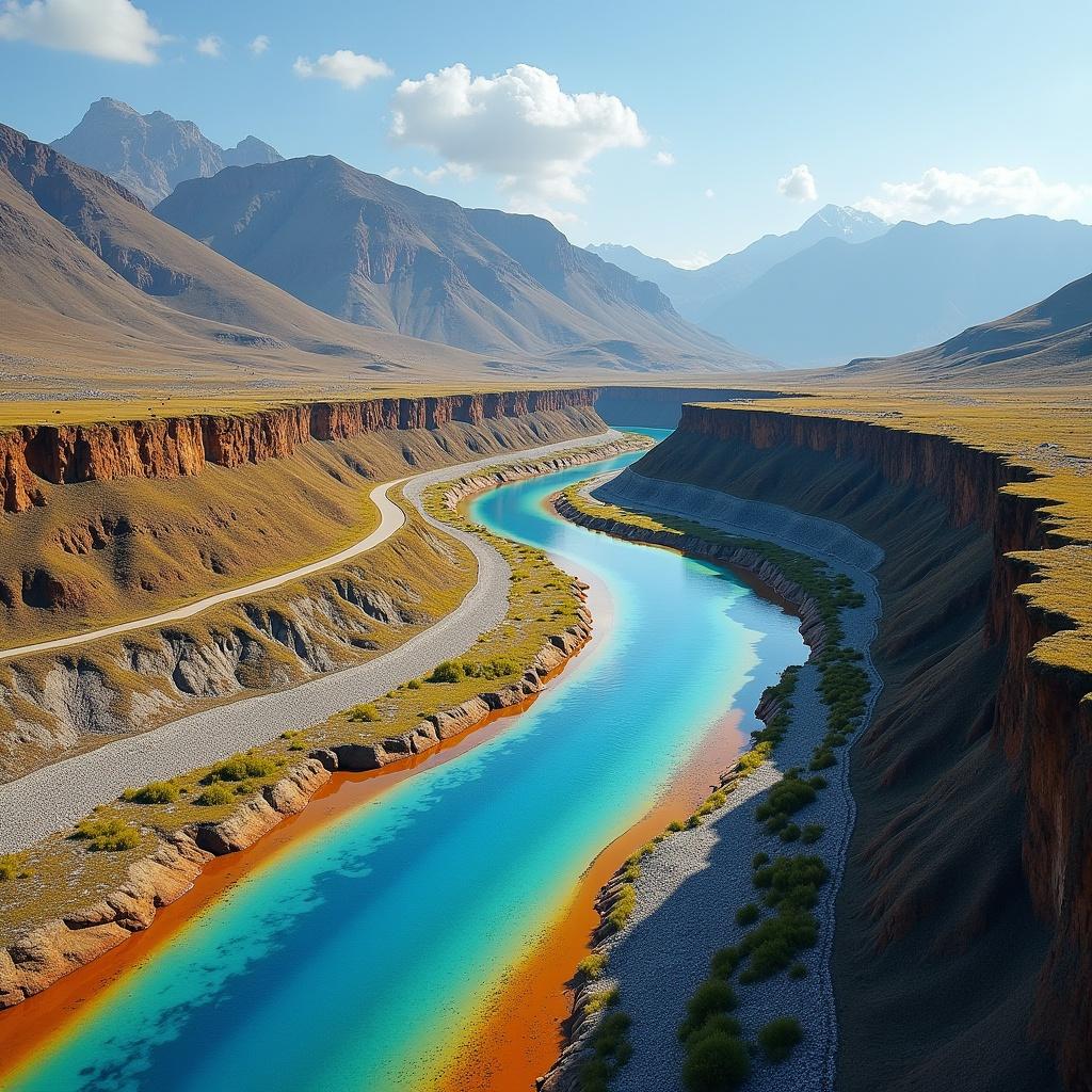 This image showcases a breathtaking aerial view of a winding river flowing through a mountainous landscape. The river features vibrant colors, with shades of blue, orange, and green blending beautifully. Surrounding the river, jagged cliffs and mountains create a stunning backdrop. The vastness of the terrain emphasizes the beauty of nature in this remote area. Sunlight casts a warm glow on the scene, making it ideal for studies of geological formations and environmental observations.