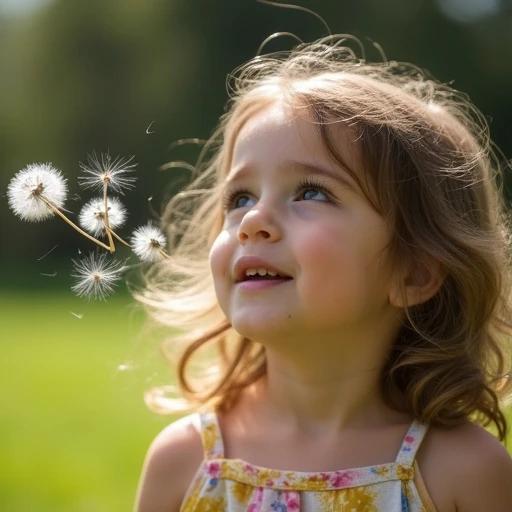 Child blowing dandelion seeds. Fluffy seeds disperse in the wind. Lush green background enhances a sense of innocence. Soft sunlight creates a dreamy atmosphere.