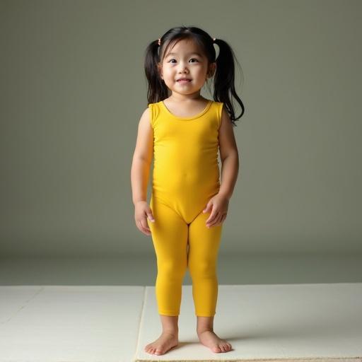 Child posing in yellow gymnastic unitard on a mat. Barefoot posture. Bright natural light. Soft backdrop. Eye-level focus on figure.