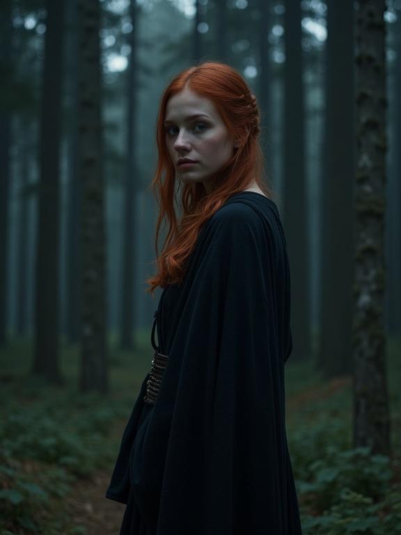 A redhead woman in a dark, dense forest at night. She looks at the viewer with her head down, wearing a medieval long robe. Stars are visible in the night sky. The scene is detailed and realistic, featuring many trees.