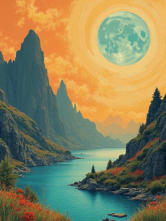 A vibrant fantasy landscape featuring a river flowing through mountains under a large moon in a vivid orange sky.