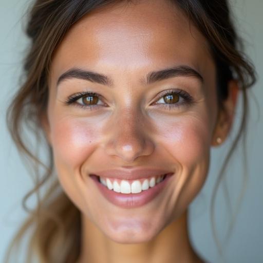 Authentic portrait of a woman cleaning her face while smiling. Focus on her clean skin and natural beauty. Instructional text reads: Clean Face – Remove makeup, oil, and dirt for accurate scans