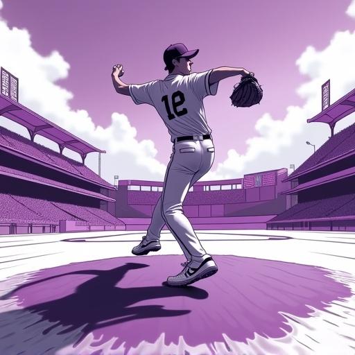 An airbrushed cartoon young teen baseball pitcher with light hair. Baseball diamond appears in purple behind the pitcher. Black and white baseball field is in the background.