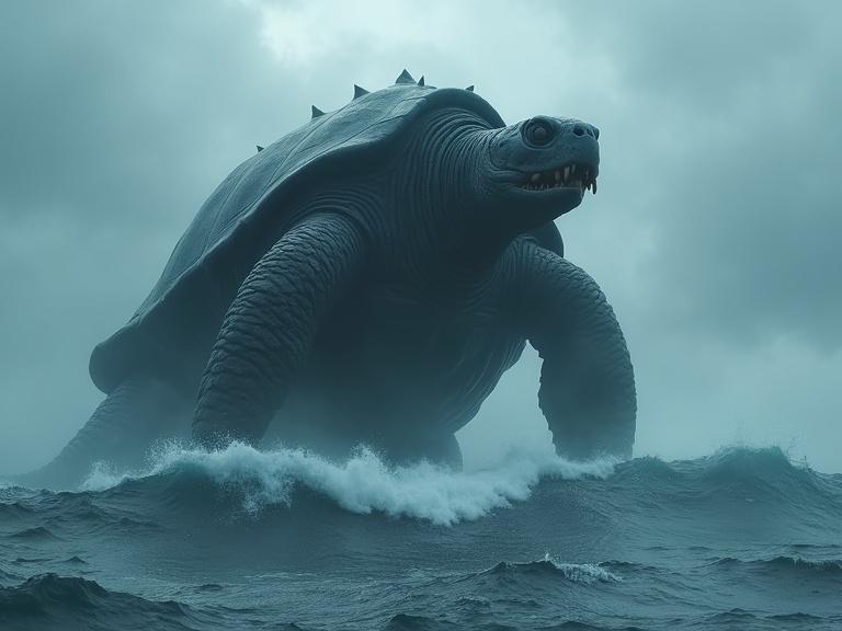 A colossal tortuous kaiju rising from turbulent ocean waves. The creature is dark greyish blue with a thick textured shell. It has tusk-like teeth and clawed hands. The setting features huge waves, foam, and an atmospheric storm with rain. Dark and cinematic.