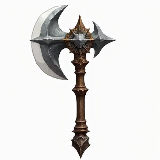 Icon of an ancient fairy battle axe. Designed for a card game. Gray and brown colors. Size 48 x 48 pixels, transparent background. Style inspired by World of Warcraft.