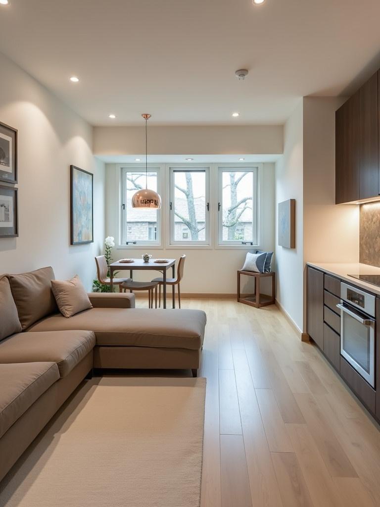 3 bedroom apartment with kitchen adjacent to one bedroom. The living area features modern furniture. Dining table by window adds charm. Plenty of natural light shines through the large windows.