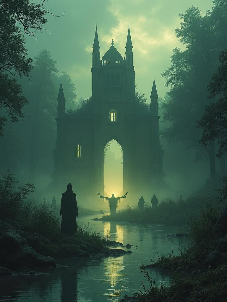 Landscape with mysterious ruins of an old monastery. Silhouettes of hooded figures performing a ritual. Strange creatures float around. Water glows mysteriously.