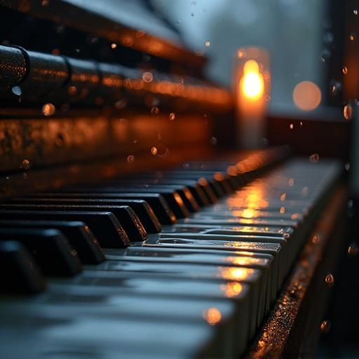Piano keys captured from a close-up view through a rain-specked window. A gentle light flickers from a nearby candle, creating a warm ambience. Water distortion creates a dream-like effect on the keys.