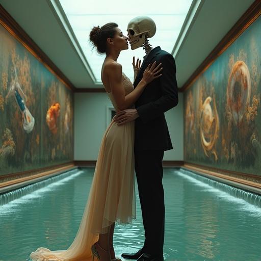Surreal scene featuring a man with a skull head kissing a beautiful woman. Both wear elegant retro attire. The man gently touches her cheek with his bony hand. Woman lifts mid-heeled shoe slightly. They stand in a high-ceilinged museum with soft natural light. Ornate paintings of aquatic life on walls. Water fills room up to 5 cm, almost covering their shoes.