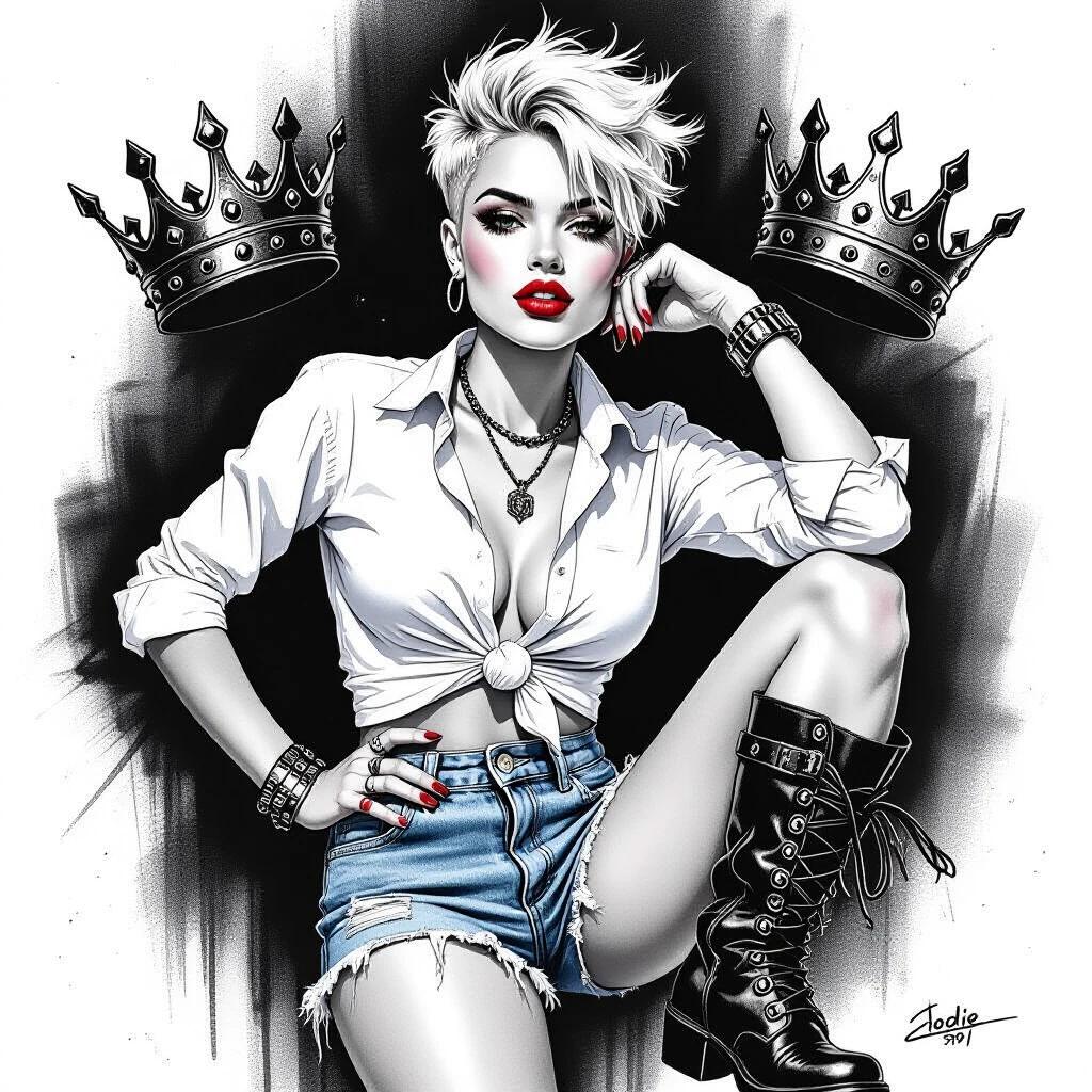 Black and white ink drawing showcasing a confident woman. She wears a knotted white shirt with rolled sleeves. She has ripped denim shorts and chunky motorcycle boots. Her hair is styled in a messy crew cut, longer on one side. Strong contrasts and crown patterns decorate the background.