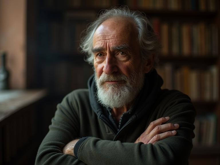 Realistic photograph of an older man with a thoughtful expression. Emphasize his character in a dramatic portrait. Subtle background reflecting themes of censorship and struggle. Use soft natural light and an intimate perspective.