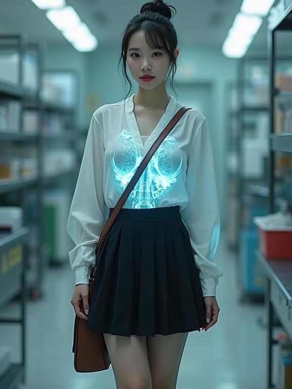 Mid-20s East Asian cyborg female spy standing in a lab. Dressed in a pearl-white V-neck wrap-around chiffon blouse and a black knee-length skirt. Wearing sheer black pantyhose and black low-block-heels. Neatly bunned black hair, light makeup with red lips. Brown satchel slung over her figure. Holographic X-ray display of intricate mechanical structure inside her torso.