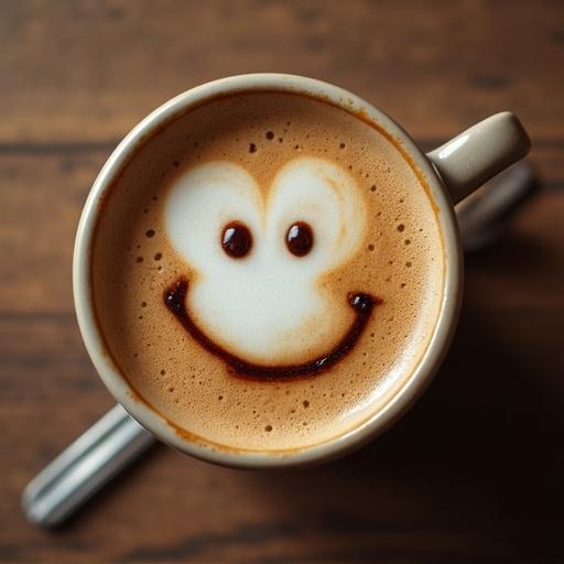 Mug of coffee viewed from above. Coffee foam creates a fuzzy funny face. Smooth texture on surface. Brown liquid inside white ceramic mug.
