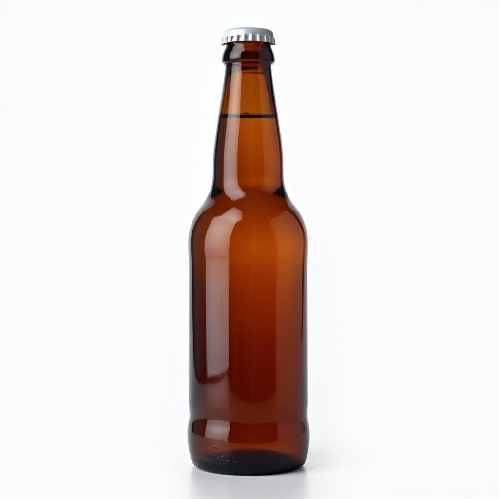 A brown glass beer bottle 500ml size. The bottle has a white background and no labels on it. The light is soft natural light. The bottle has a white bottle cap.