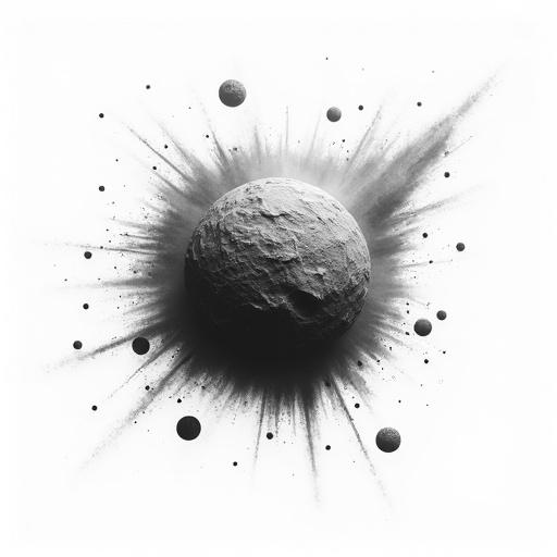 Illustration of meteor impact with textured surface in central area. White background with padding. Monochromatic color scheme focuses on impact effects around the center.