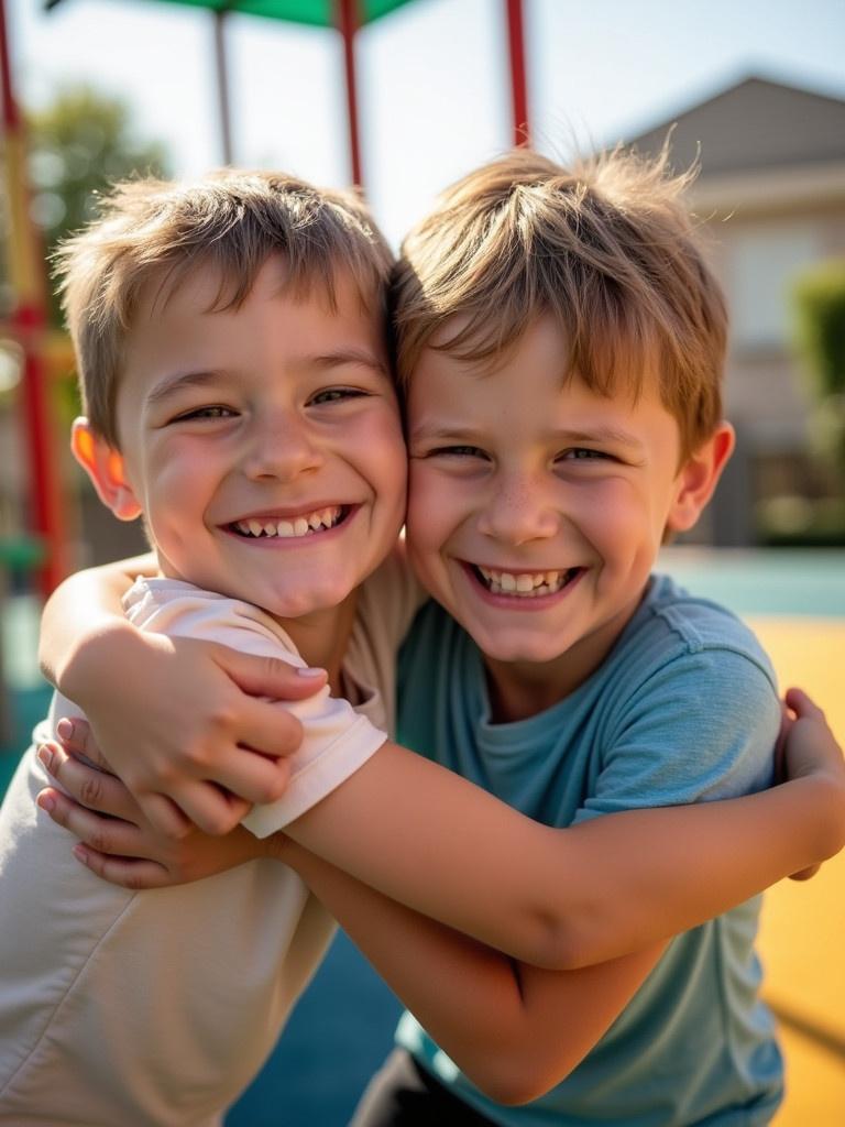 Two boys hug each other on playground. They smile widely together. Bright colors fill the scene. Natural light creates a cheerful atmosphere. Close-up viewpoint emphasizes their happiness.