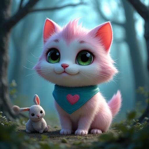 A fluffy kitten with pink and lavender fur sits in a forest. It wears a light blue bandana with a heart. A small rabbit is beside it. The forest is dark with wind blowing through the trees. The scene is cute and magical.